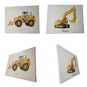 Yellow Construction Vehicle Canvas Wall Art Set - Bulldozer & Excavator
